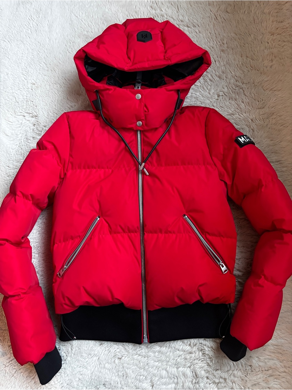 Mackage Aubrie Red Hooded Down Bomber Jacket, Women's XS